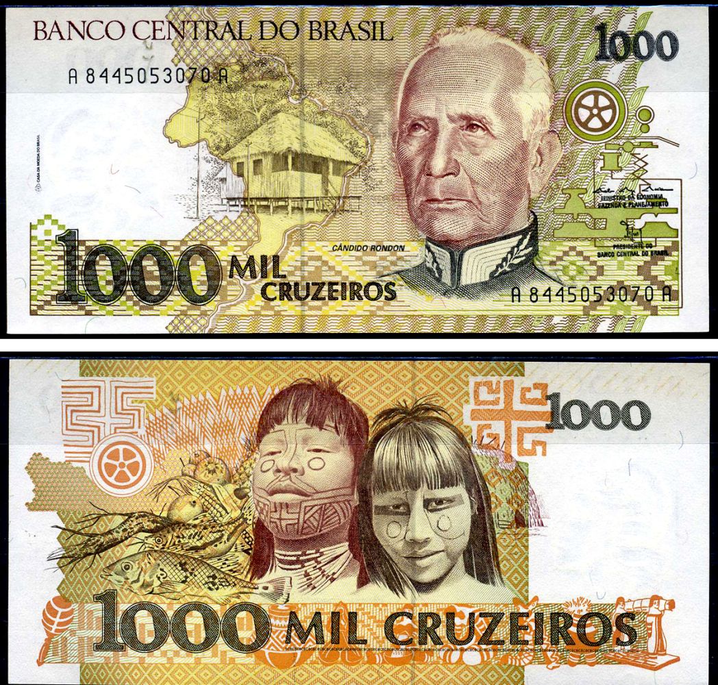 Бразилия 1000 крузейро ND (1991) серия A 8445, Кандиду Рондон Pick 231 b бумага UNC (пресс) 7148-21-2-1