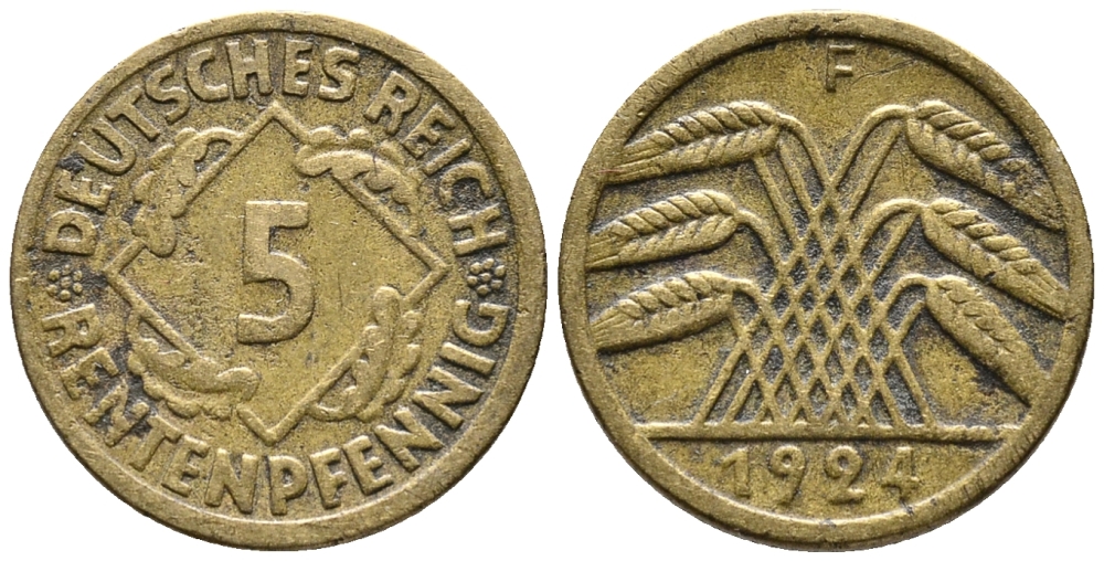 ГЕРМАНИЯ 5 РЕНТЕНПФЕННИГОВ 1924 F KM 32, J. 308 алюминиевая бронза 39-457