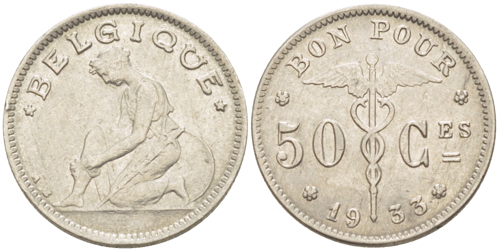 БЕЛЬГИЯ 50 САНТИМОВ 1933 BELGIQUE KM 87 никель 261-1646