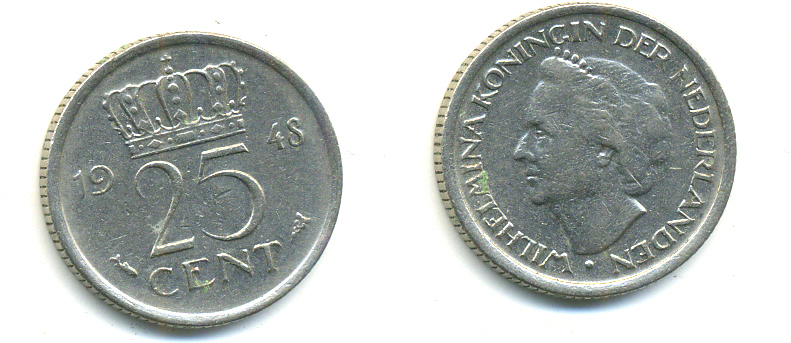 НИДЕРЛАНДЫ 25 ЦЕНТОВ 1948 ВИЛЬГЕЛЬМИНА KM 178 никель 83-1015