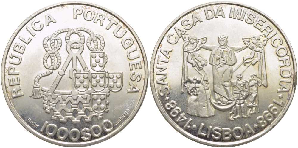 Португалия 1000 эскудо 1998 500 лет церкви Мизерикордия KM 708 серебро 3896-1441
