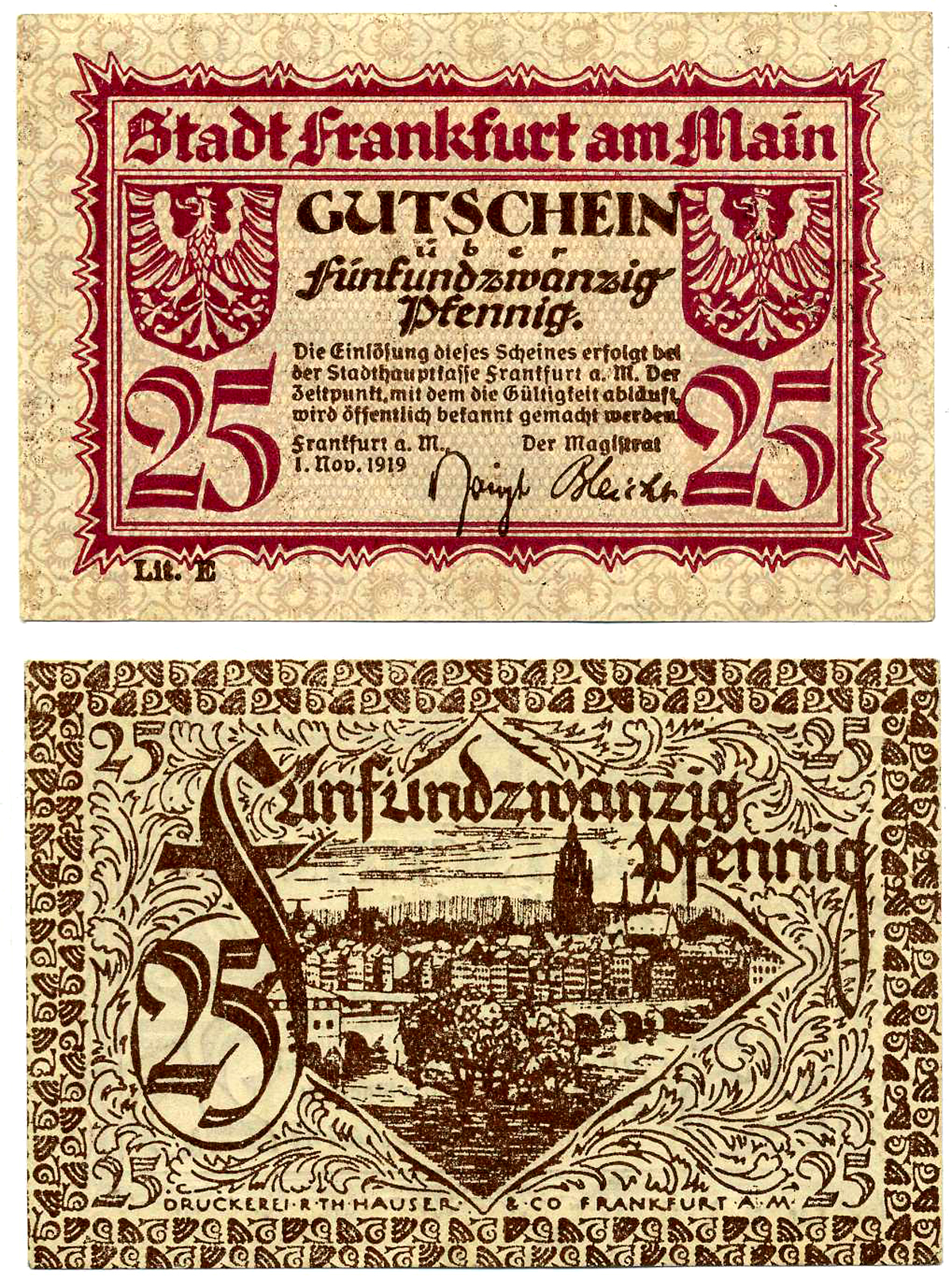 ФРАНКФУРТ НА МАЙНЕ 25 ПФЕННИГОВ 1919 1 НОЯБРЯ 1919, НОТГЕЛЬД, ЗЕМЛЯ ГЕССЕН, БУКВА Е Grabowski F16.7 бумага 2193-11-1-1