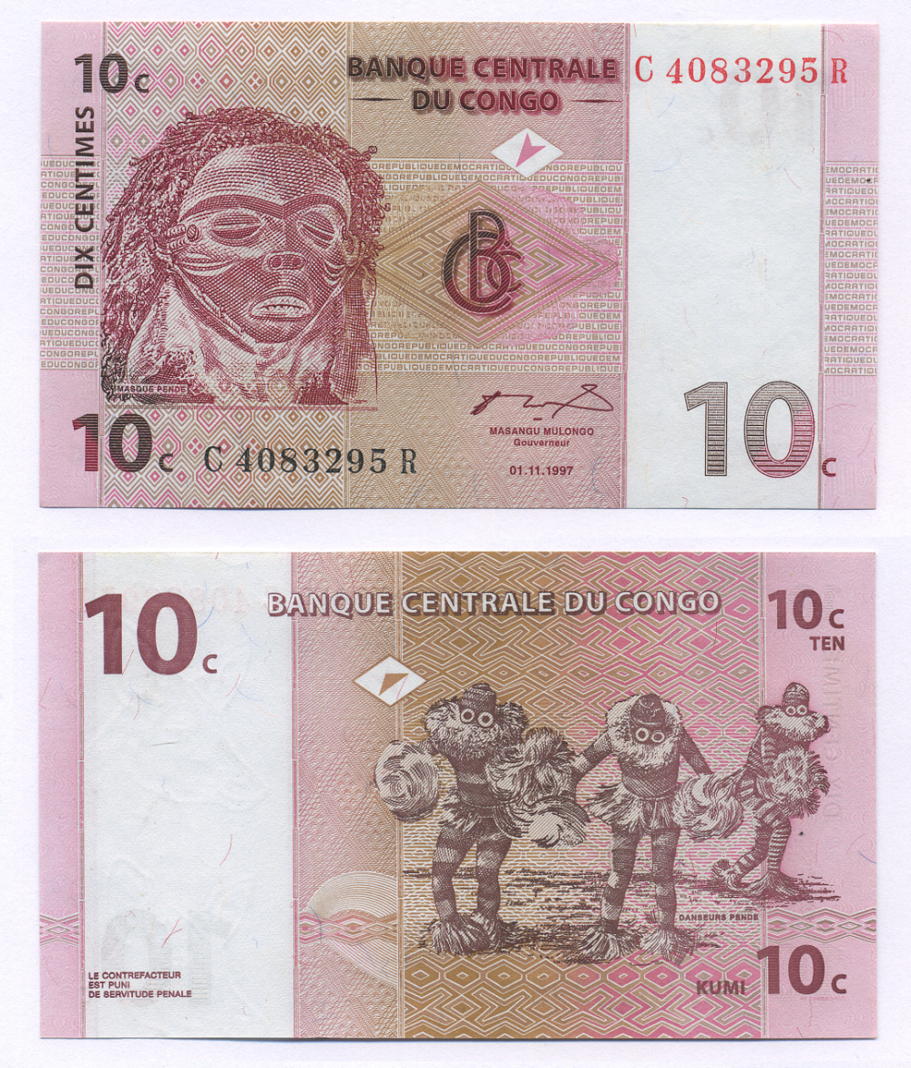 ДР Конго 10 сантимов 1997 маска пенде, танцоры пенде Pick 82 a бумага UNC (пресс) 448-4-1