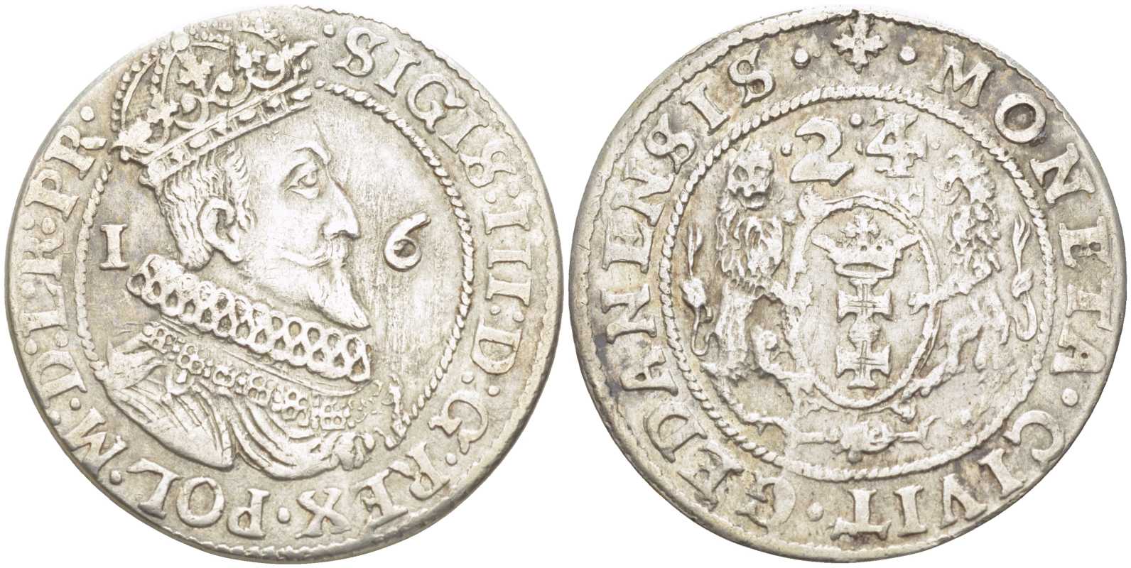 Данциг, Польша 1 орт = 1/4 талера = 10 грошей 1624 перечекан C 1623, Сигизмунд III (1587-1632) KM 15.2 серебро    3896-1443