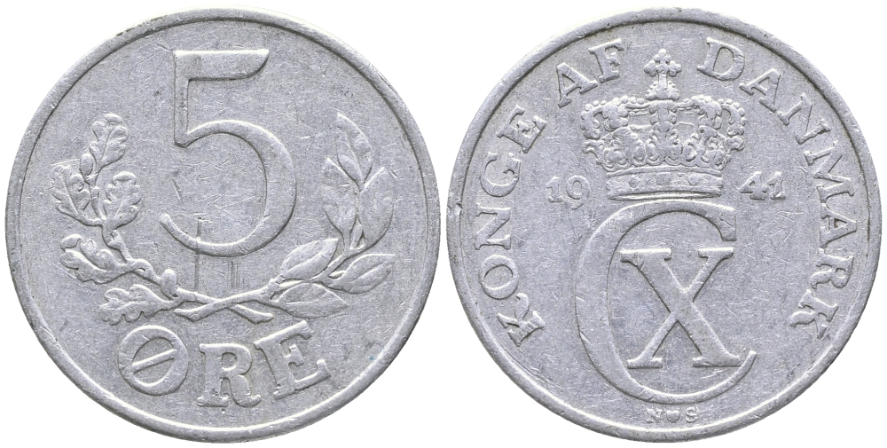 ДАНИЯ 5 ЭРЕ 1941 N; S, КРИСТИАН X (1912-1947) KM 834 алюминий 32-532