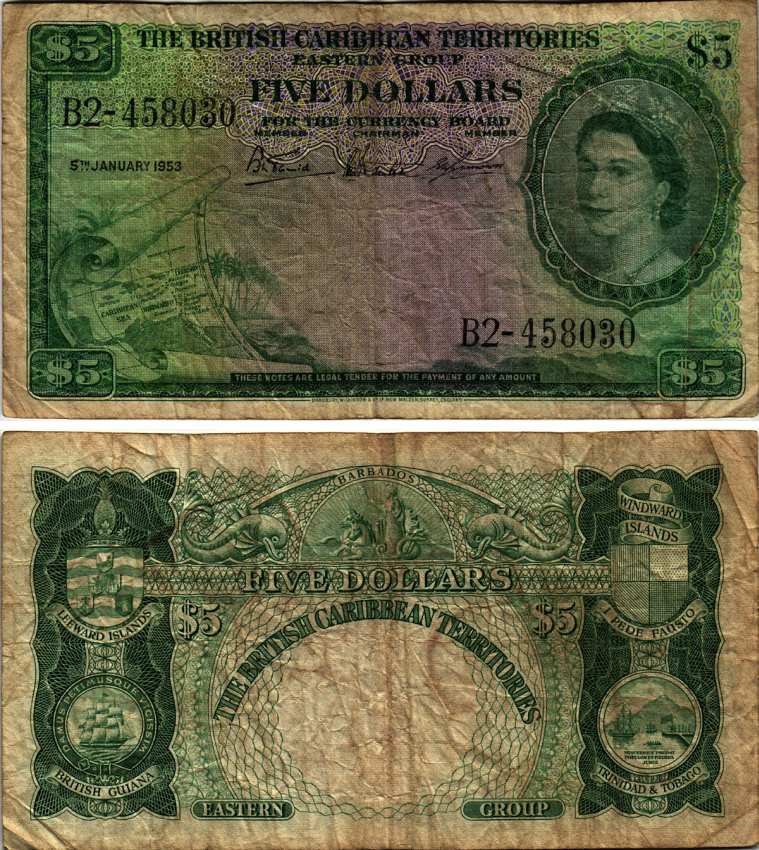 Британские Карибские территории 5 долларов 1953 5 января 1953 Pick 9а  бумага   435-73-2-2