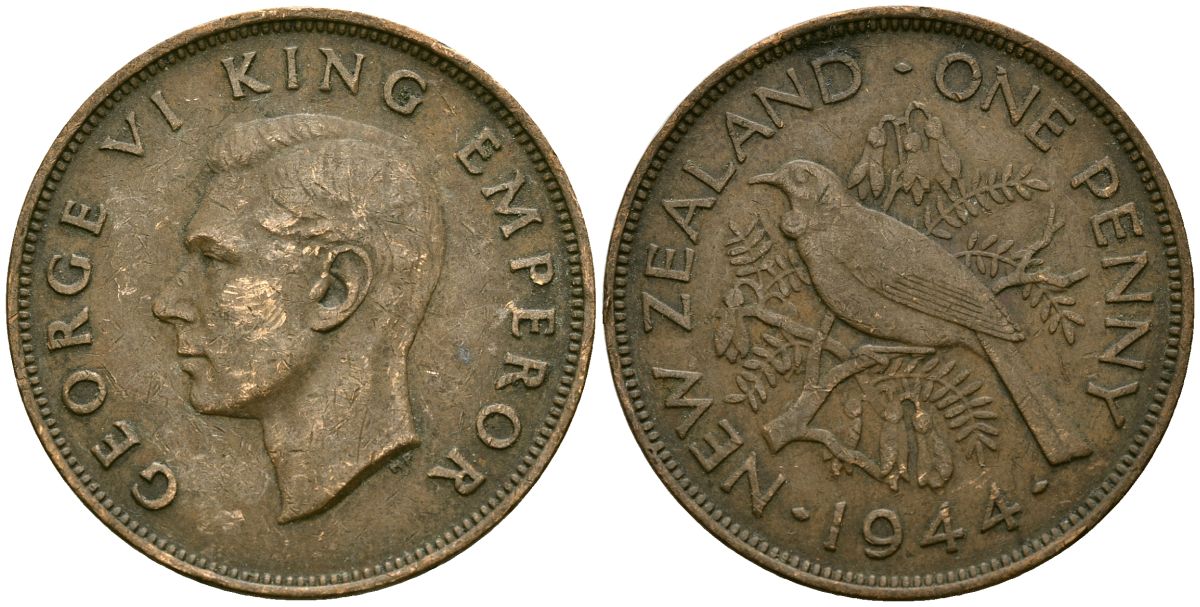 Новая Зеландия 1 пенни 1944 Георг VI (1936-1952), новозеландский туи KM 13 бронза 4165-1235
