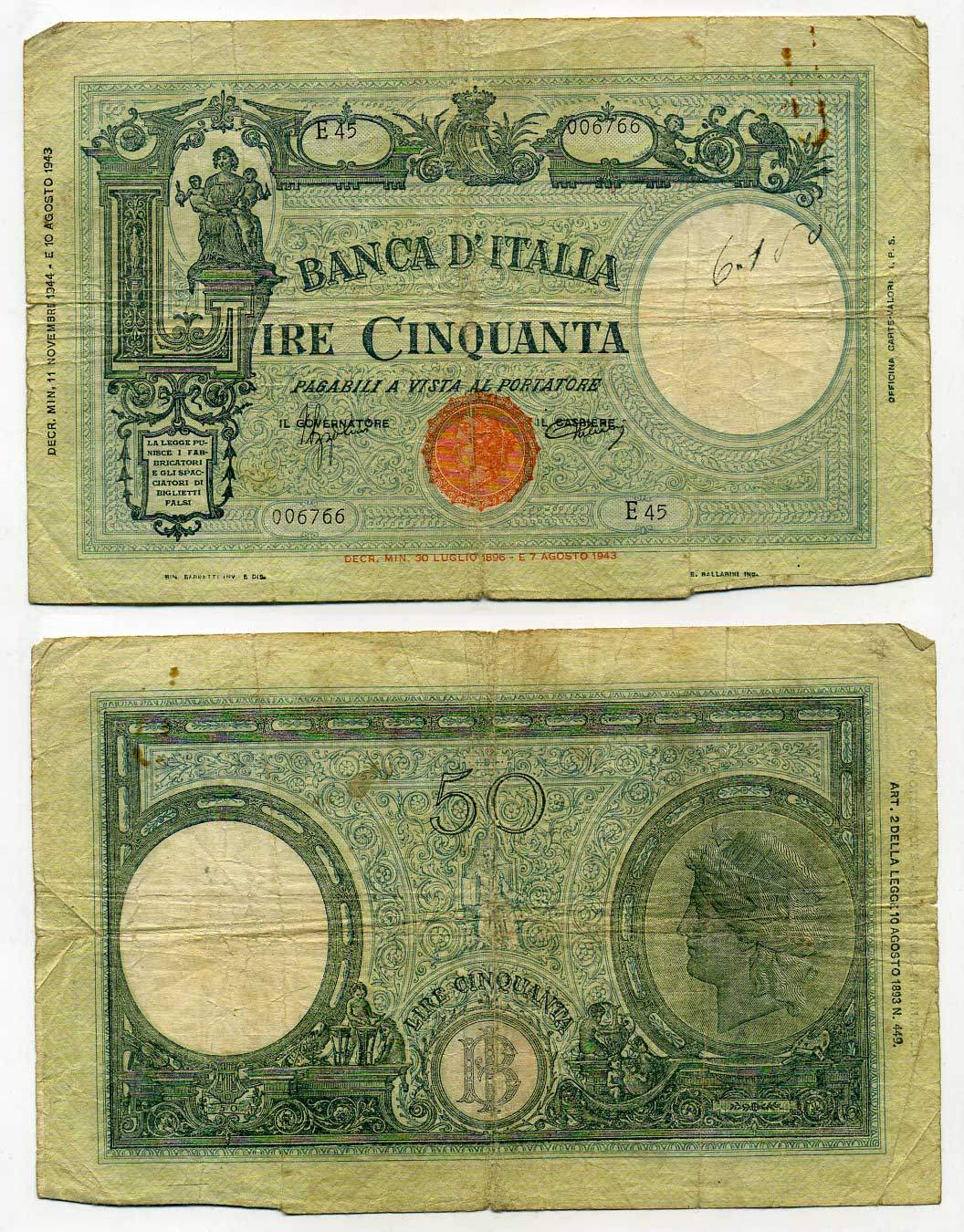 Италия 50 лир 1944 Pick 65 бумага 6293-57-2