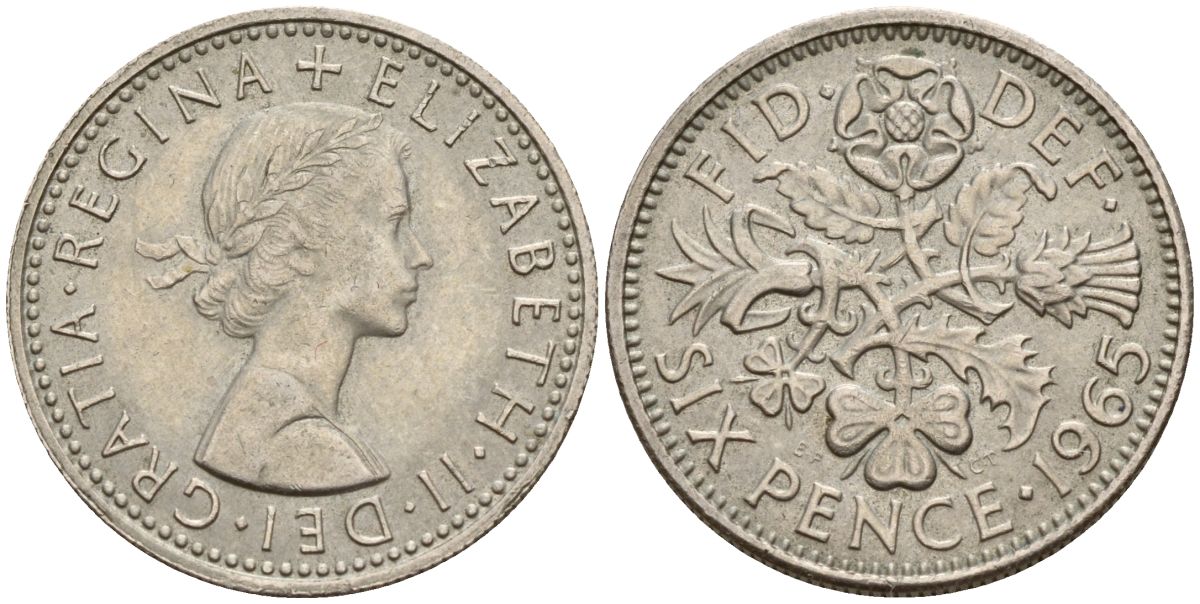 Великобритания 6 пенсов 1965 Елизавета II (1952-2022) KM 889, Spink 4141 медно-никель 4152-416