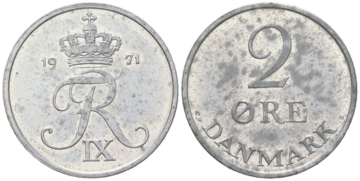 Дания 2 эре 1971 C; S, Фредерик IX (1947-1972) KM 840.2 цинк aUNC 3955-517