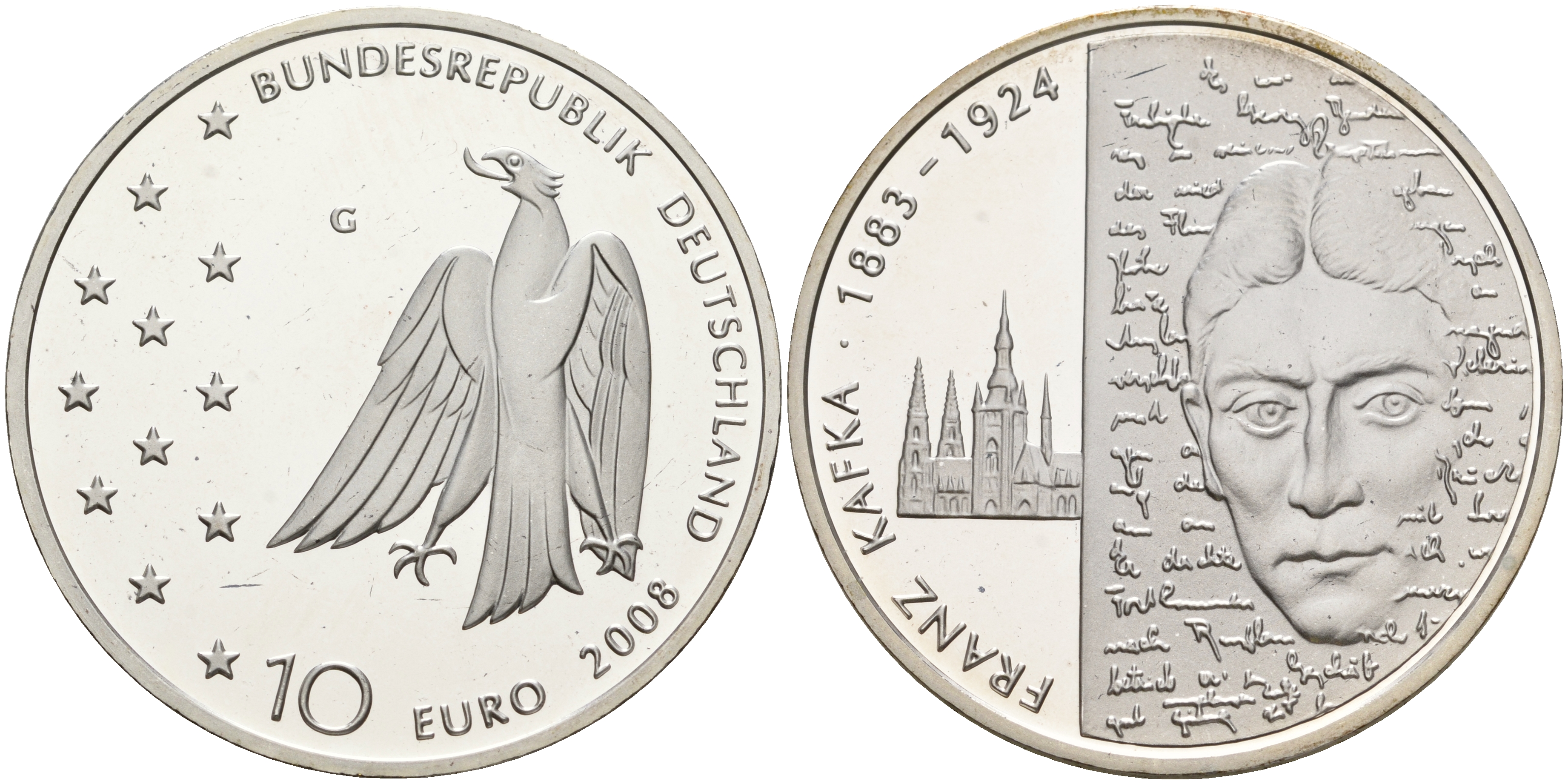 ФРГ 10 евро 2008 G, 125 лет со дня рождения Франца Кафки KM 271, DE.S. 10.36 серебро PROOF 1076-3-74