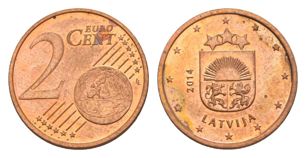 Латвия 2 евроцента 2014 KM 151 сталь плакированная медью UNC 4630-459