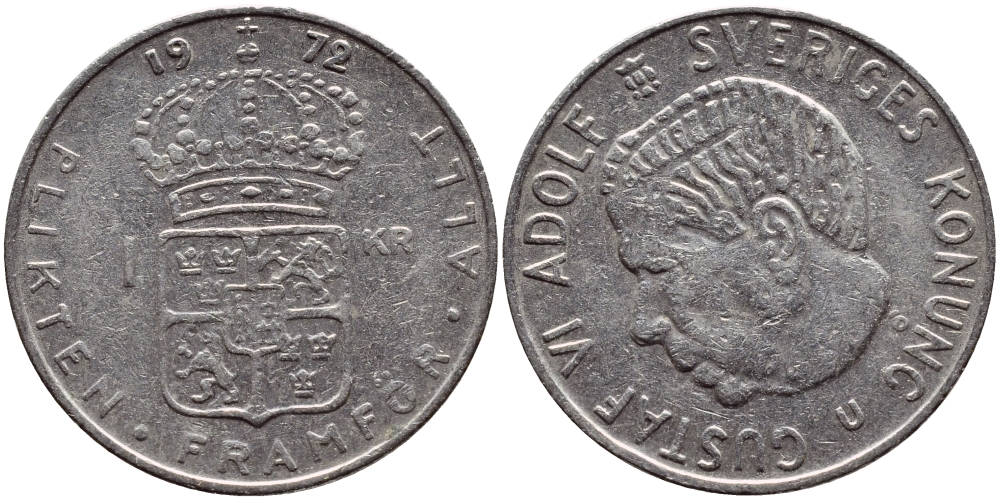 Швеция 1 крона 1972 Густав VI Адольф (1950-1973) KM 826a медь плакированная медно-никелем 4395-121