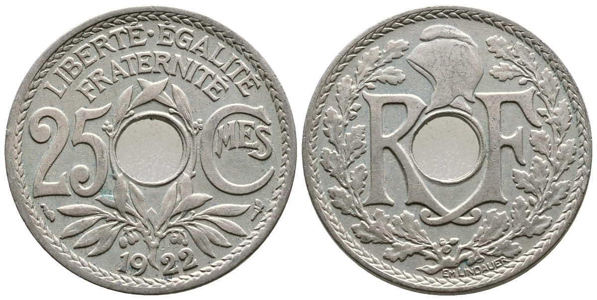 ФРАНЦИЯ 25 САНТИМОВ 1922 ТИП ЛИНДАЙЁ KM 867а, LE FRANC 171.6 медно-никель 26-327