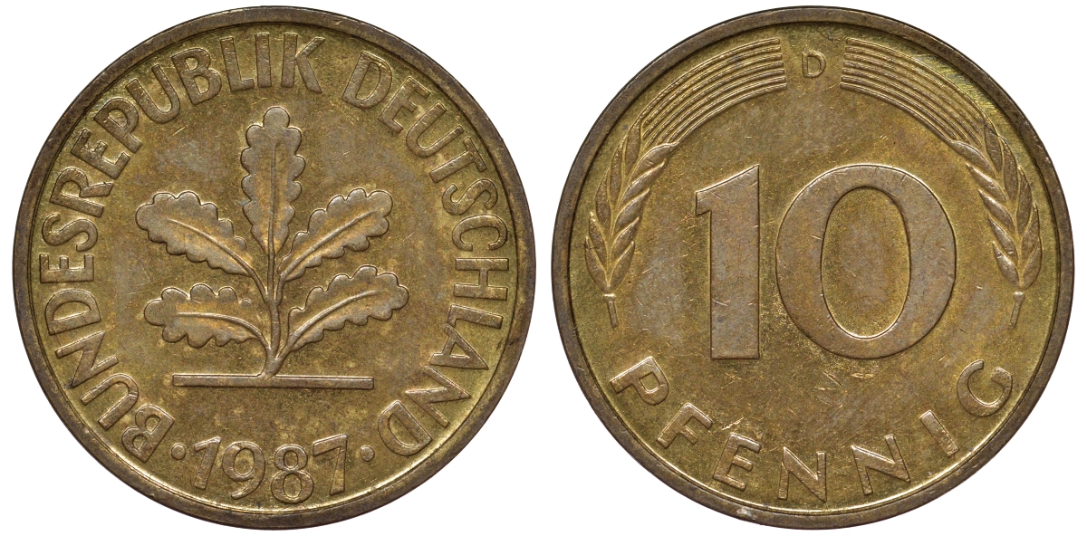 ФРГ 10 пфеннигов 1987 D KM 108, J. 383 сталь плакированная латунью 62-1234
