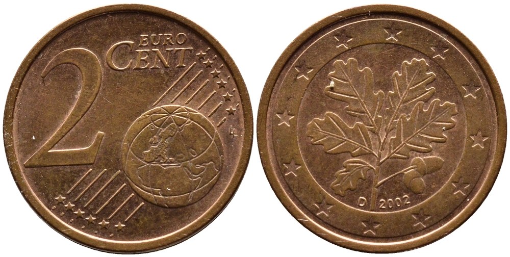 ГЕРМАНИЯ 2 ЕВРОЦЕНТА 2002 D KM 208 сталь плакированная медью 4387-1227