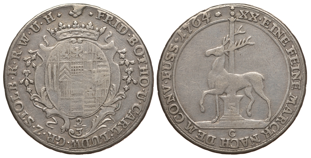 Штольберг-Штольберг 2/3 талера 1764 C Friederich 1989, Jaeger 19, KM 277 серебро 00-811-53