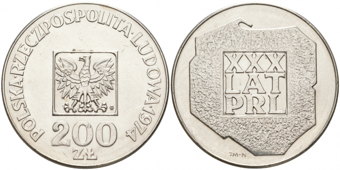Польша 200 злотых 1974 MW, 30 лет Народной Республике KM 72, Parchimowicz 304а серебро 69-333