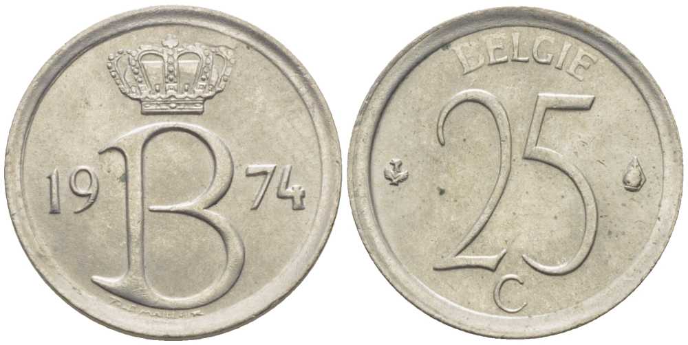 БЕЛЬГИЯ 25 САНТИМОВ 1974 BELGIE, БОДУЭН I (1951-1993) KM 154.1 медно-никель 116-959