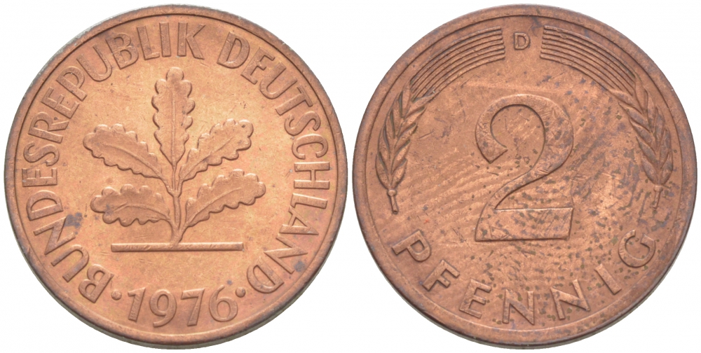 ФРГ 2 ПФЕННИГА 1976 D KM 106a, J.381a сталь плакированная сталь плакированная медьюю 3996-1114