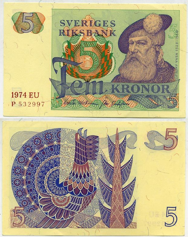 Швеция 5 крон 1974 EU, Густав I Ваза Pick 51c бумага aUNC 445-24-1