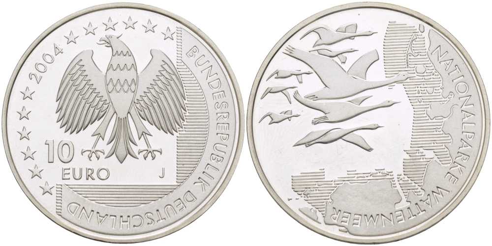 ФРГ 10 евро 2004 J, Национальный парк, Ваттовое море (Wattenmeer) KM 232, DE.S 10.15 серебро PROOF 413-6422