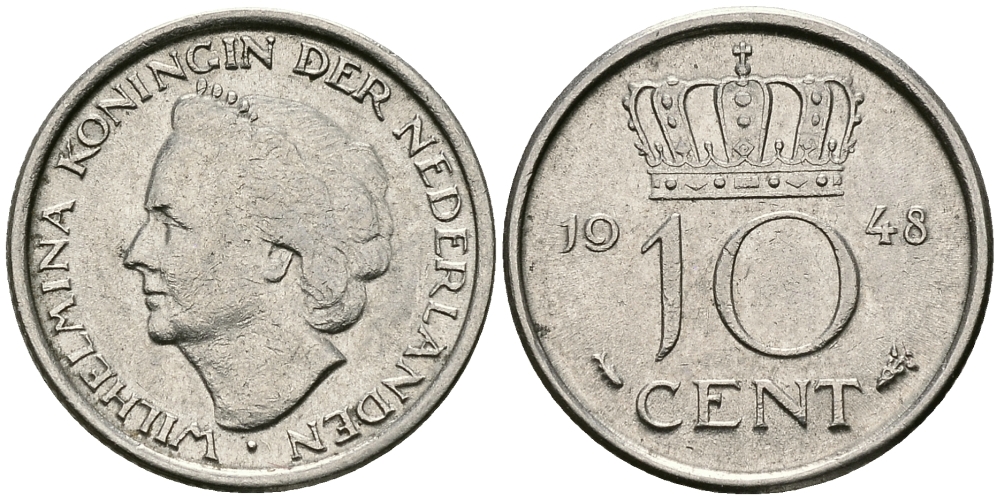 Нидерланды 10 центов 1948 Вильгельмина (1895-1948) KM 177 никель 96-536
