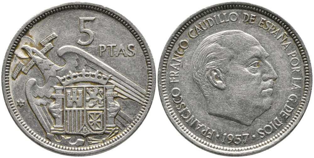 ИСПАНИЯ 5 ПЕСЕТ 1957 (74) ФРАНСИСКО ФРАНКО ДИКТАТОР ИСПАНИИ (1939-1975) KM 786 медно-никель 110-944