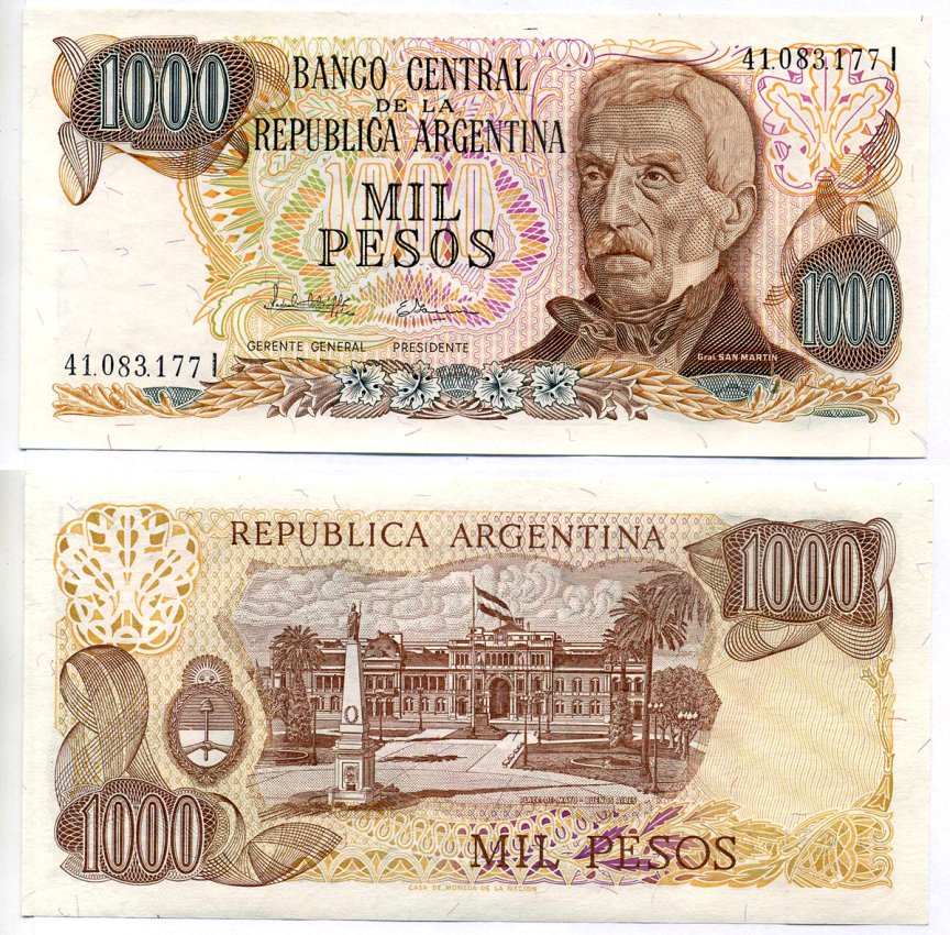 Аргентина 1000 песо 1982 серия I 41083, Генерал Сан Мартин Pick 304d(1) бумага аUNC 7547-70-2-2