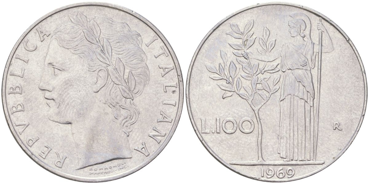 Италия 100 лир 1969 R, Афина в доспехах KM 96.1 нержавеющая сталь 4159-643