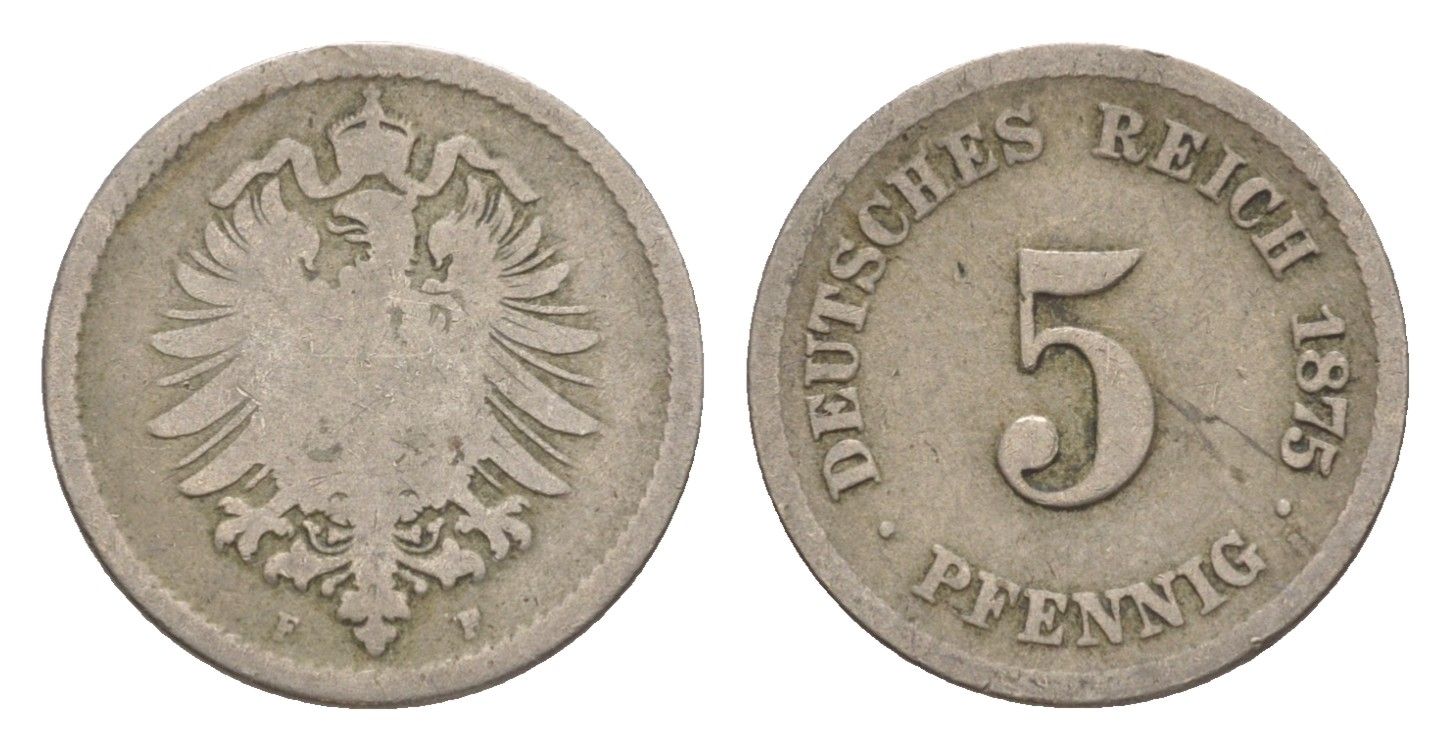 Германия 5 пфеннигов 1875 F, Вильгельм I (1871-1888) KM 3, J. 3, Weege 5 медно-никель 4639-1247