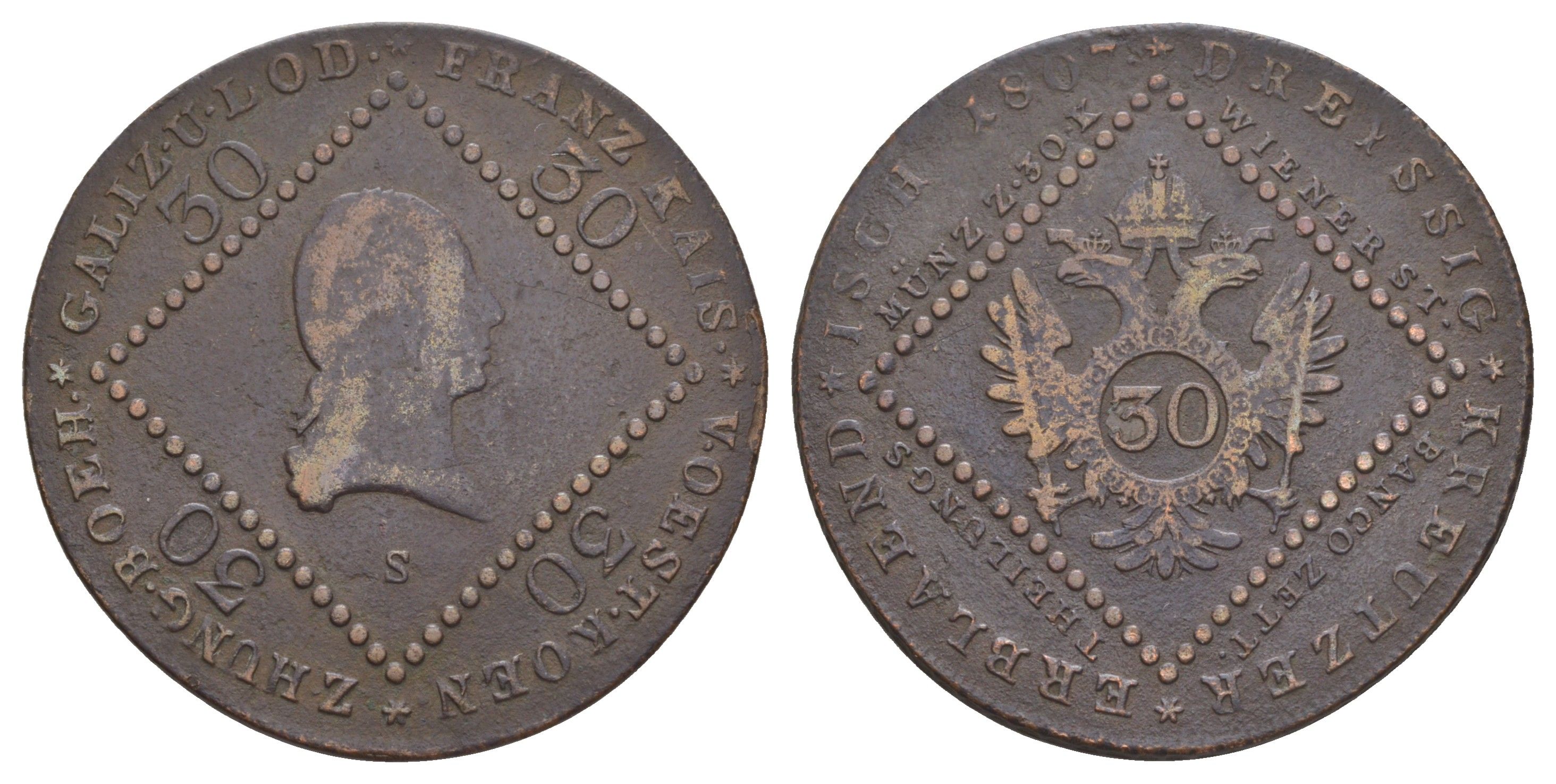 Австрия 30 крейцеров 1807 S, Франц II (1792-1835), год-тип KM 2149 медь 1519-145