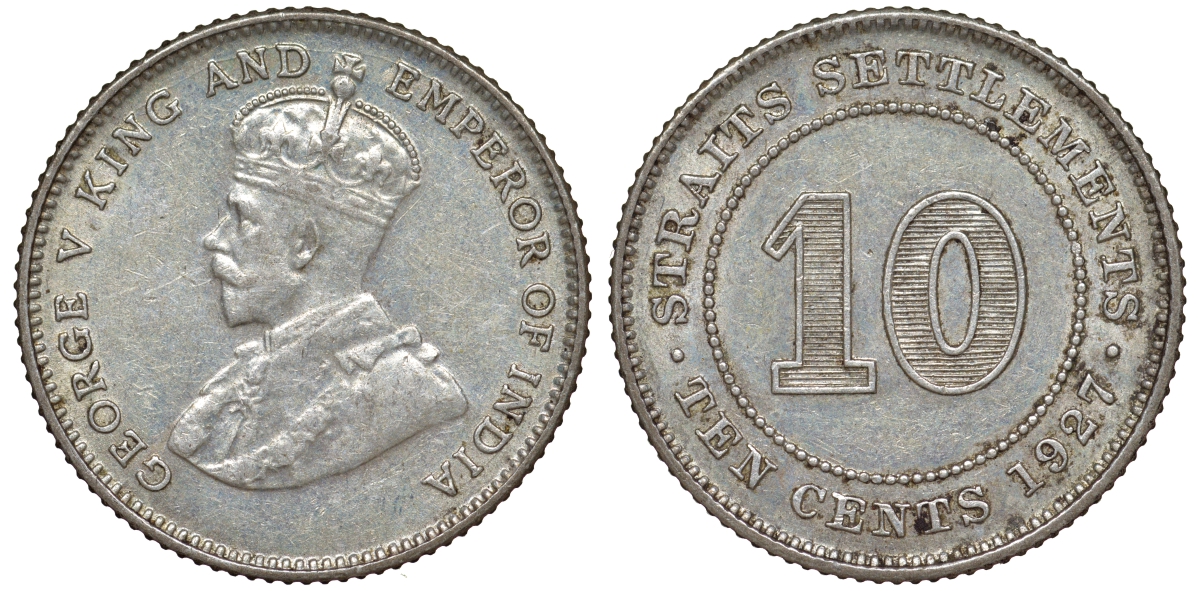 Стрейтс-Сетлментс 10 центов 1927 Георг V (1910-1936) КМ 29b серебро 53-724