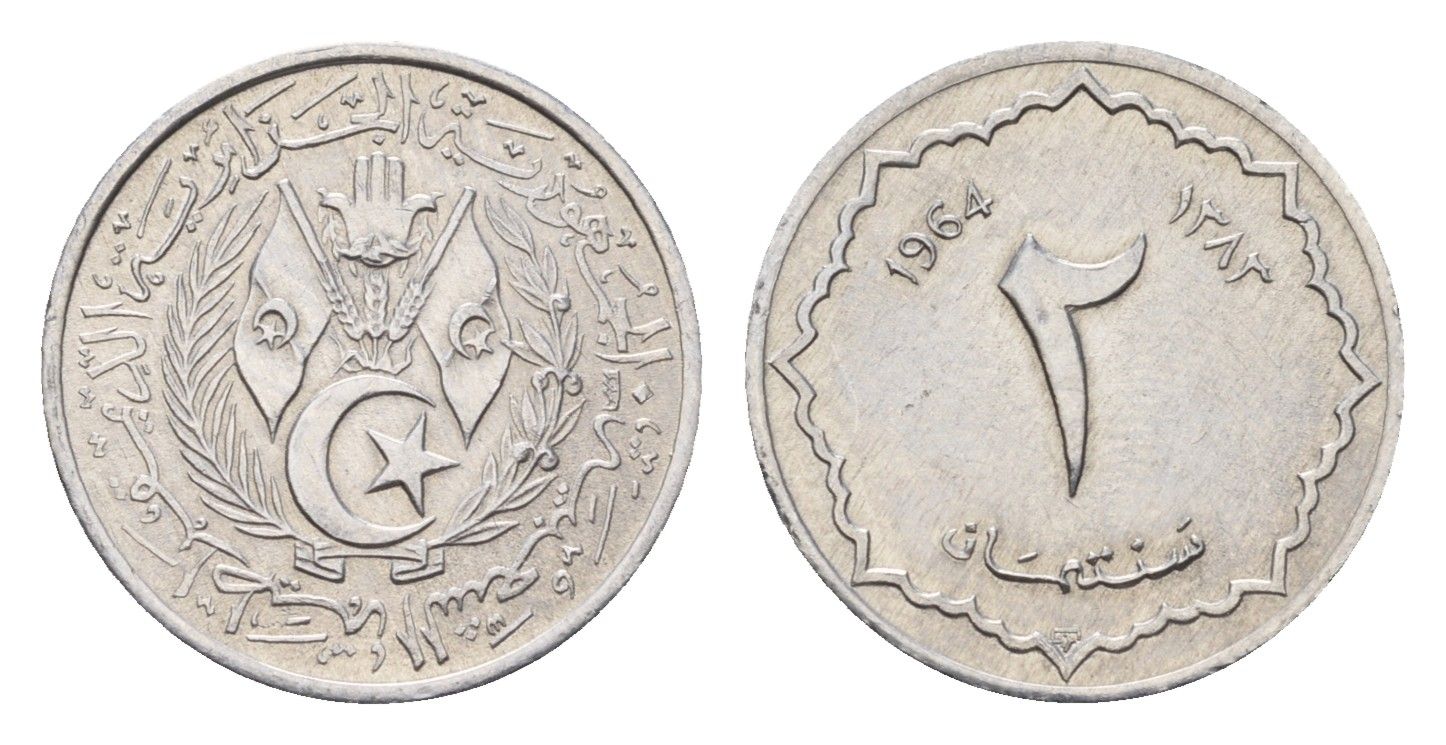 Алжир 2 сантима 1964 год-тип KM 95 алюминий UNC 188-511