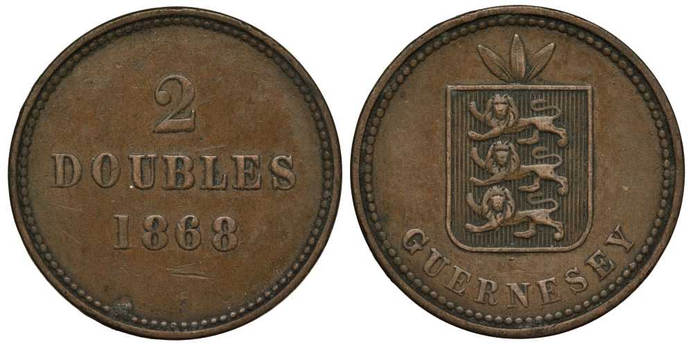 Гернси 2 дабла (дубля) 1868 KM 9 бронза 650-544