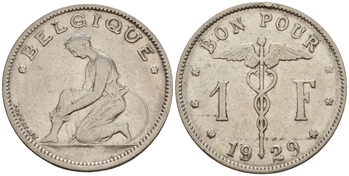 Бельгия 1 франк 1929 Belgique KM 89 никель 33-1241