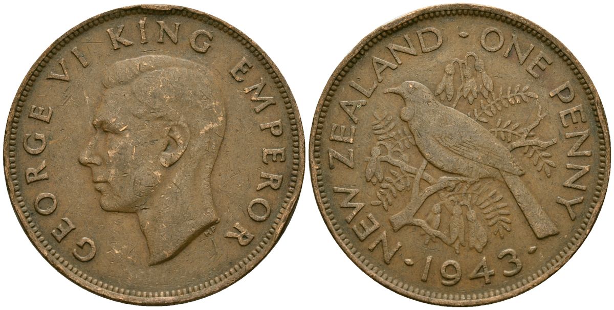 Новая Зеландия 1 пенни 1943 Георг VI (1936-1952), новозеландский туи KM 13 бронза 4165-1223