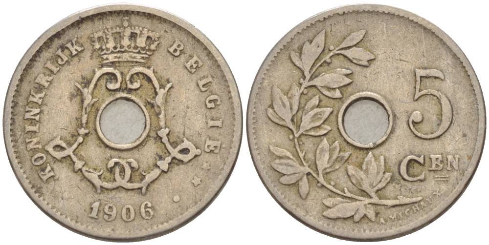 Бельгия 5 сантимов 1906 Belgie, Леопольд II (1865-1909), с крестом KM 55 медно-никель 4546-121