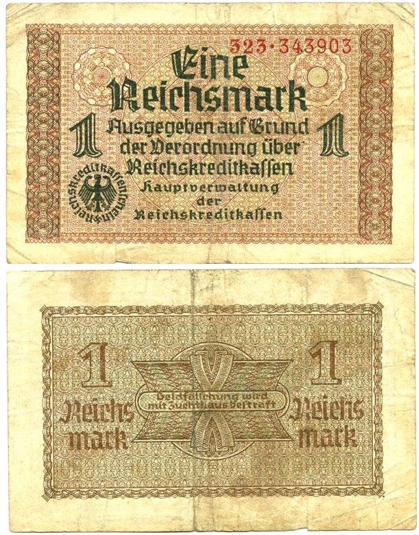 ГЕРМАНИЯ 1 РЕЙХСМАРКА 1940-1945 ТРЕТИЙ РЕЙХ ДЛЯ ОККУПИРОВАННЫХ ТЕРРИТОРИЙ Pick R136a бумага 6289-41-3-1