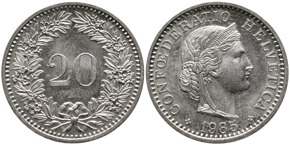 Швейцария 20 раппенов 1985 KM 29а медно-никель 4539-635