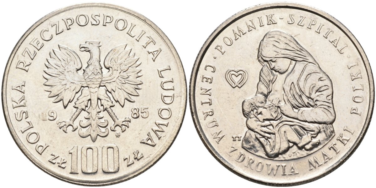 Польша 100 злотых 1985 MW, Польский мемориальный центр здоровья женщин KM 157, Parchimowicz 299 сталь плакированная никелем 189-1043