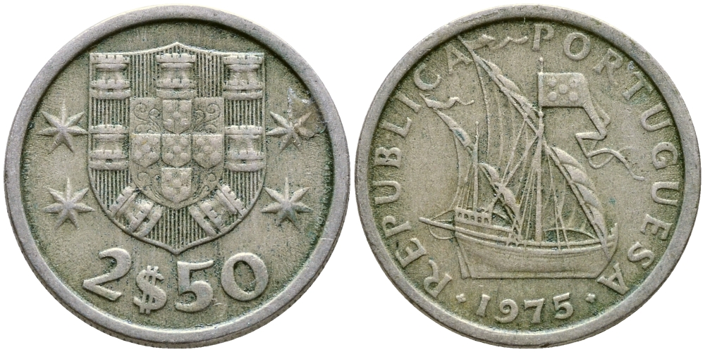 ПОРТУГАЛИЯ 2,5 ЭСКУДО 1975 ПАРУСНИК KM 590 медно-никель 4387-121
