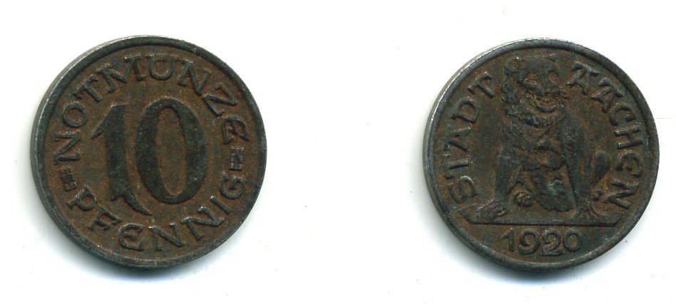 Германия, Ахен 10 пфеннигов 1920 нотгельд, земля Северный Рейн-Вестфалия Funck 1.1 железо 54-568