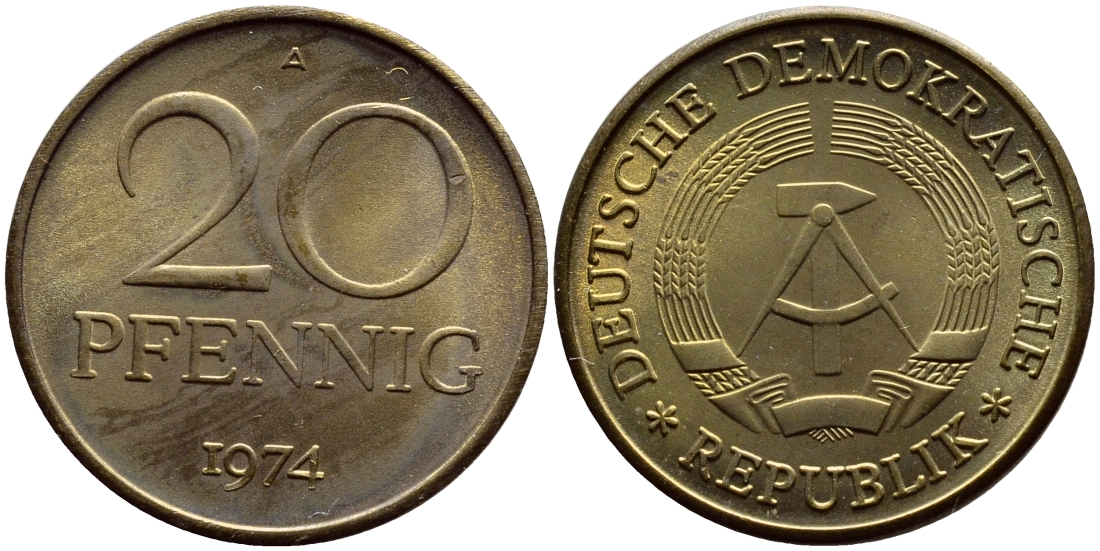 ГДР 20 пфеннигов 1974 А KM 11 латунь UNC 54-1946