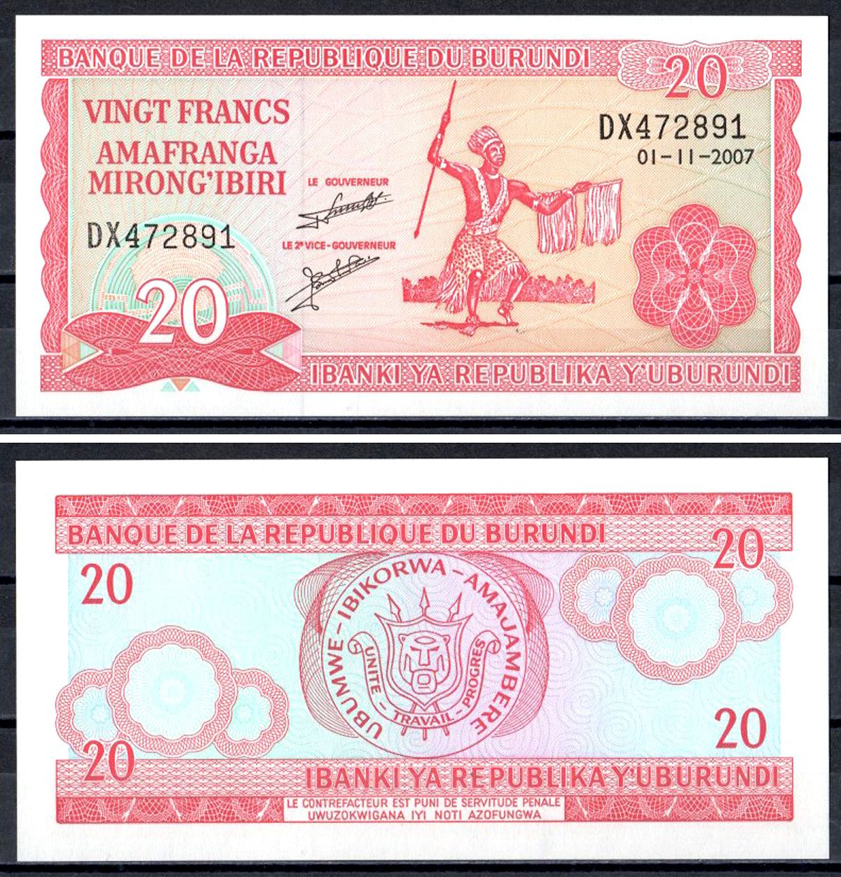 Бурунди 20 франков 2007 Pick 27 d бумага UNC (прес) 401-53-1-1