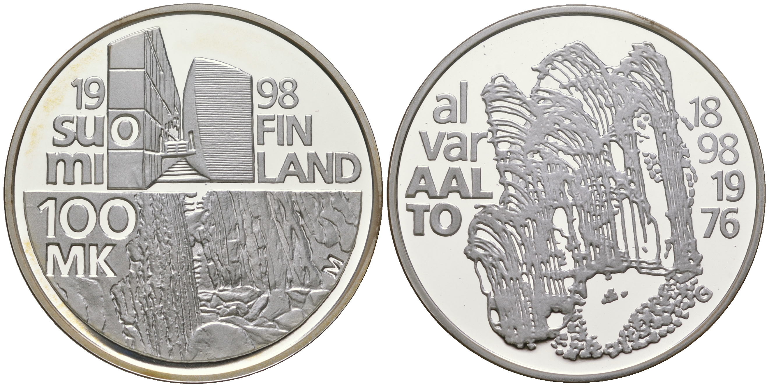 Финляндия 100 марок 1998 100 лет со дня рождения Алвар Аалто, архитектор, тираж 4000 экземпляров KM 87 серебро  PROOF  1095-2-51