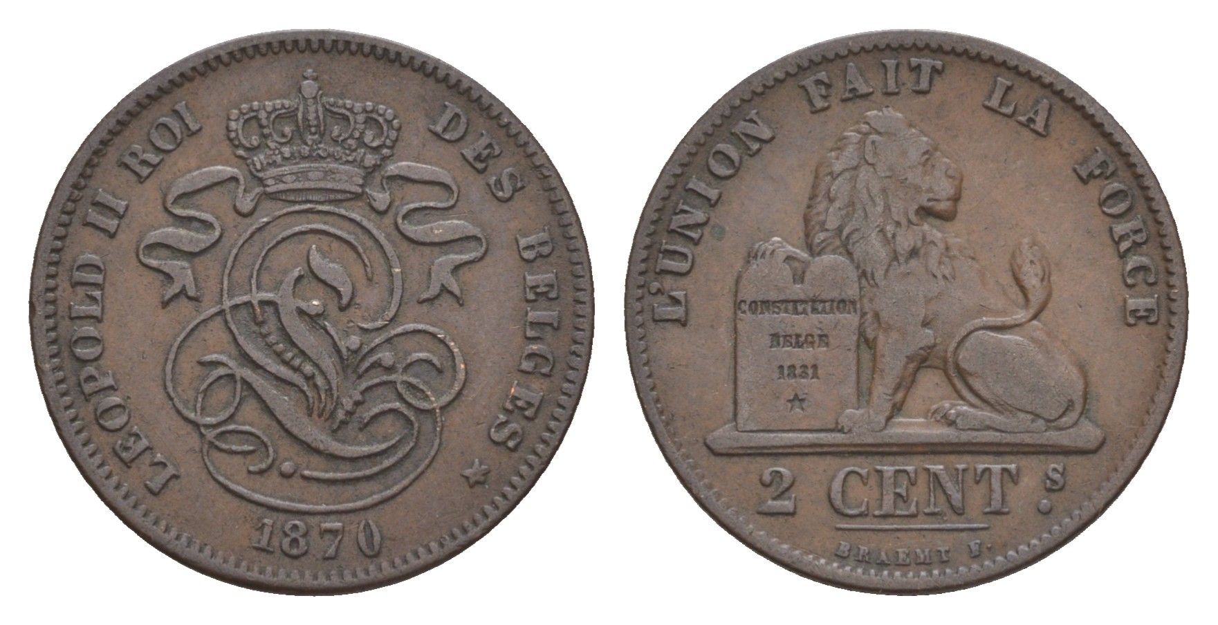 Бельгия 2 сантима 1870 Des Belges, Леопольд II (1865-1909) KM 35 медь 4658-844