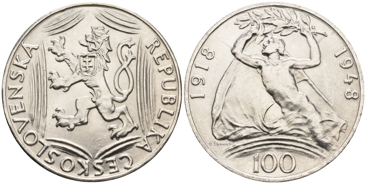 Чехословакия 100 крон 1948 30 лет независимости KM 27 серебро UNC 87-1044