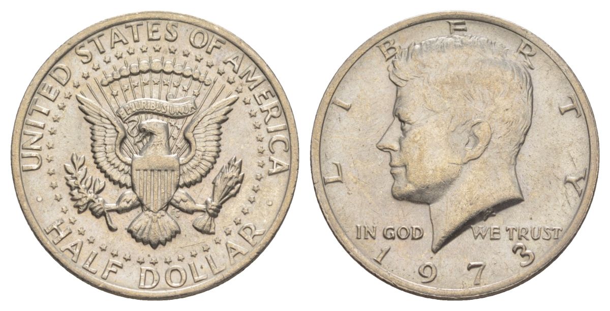 США 1/2 доллара (50 центов) 1973 D, Джон Кеннеди KM 202b медь плакированная медно-никелем aUNC 4517-1223