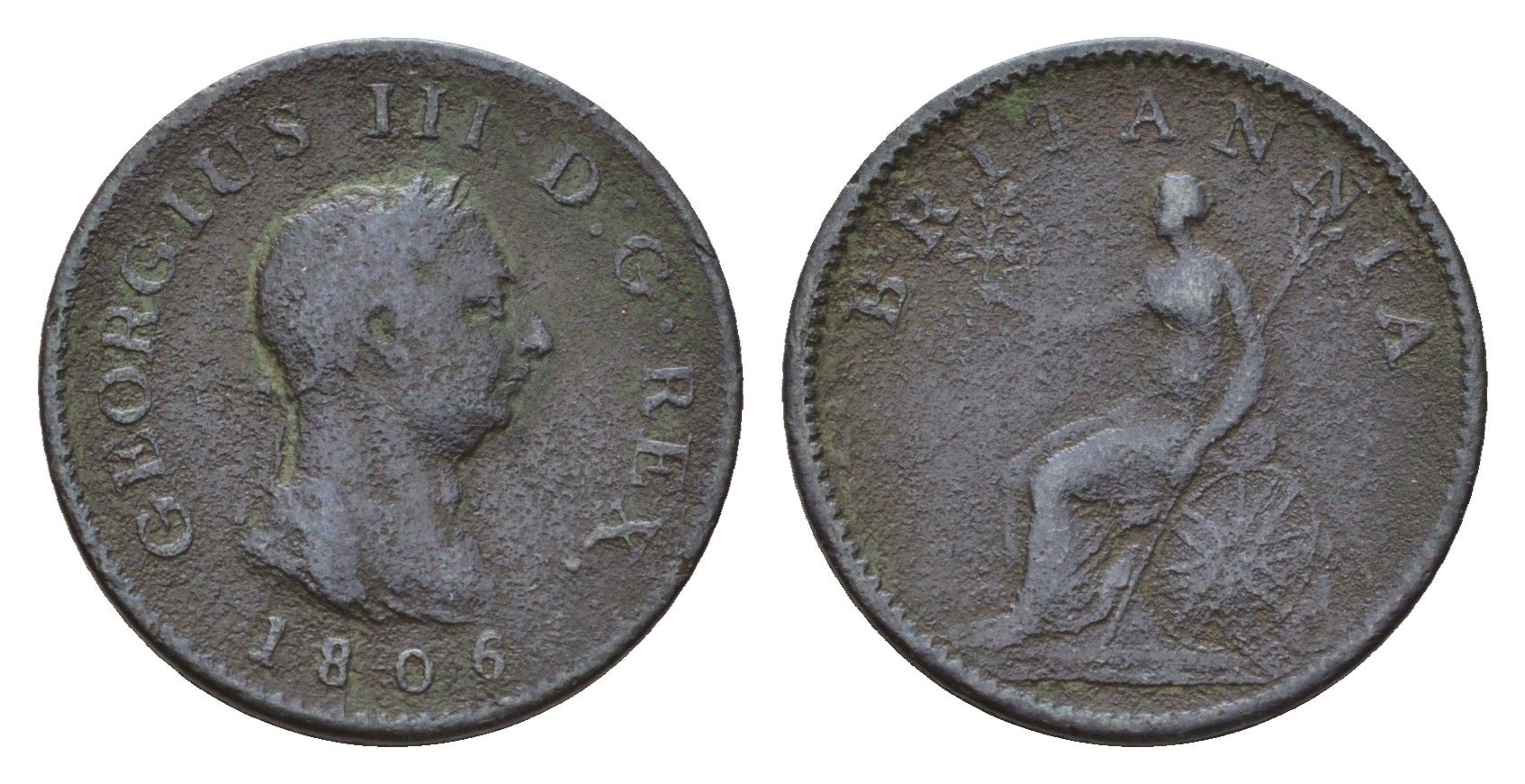 Великобритания 1 фартинг 1806 Георг III (1760-1820) KM 661, Spink 3782 медь 4528-766